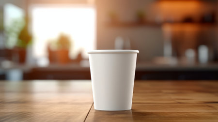 White paper coffee cup on the wooden table in the room, warm tone, mockup, generative aiの素材