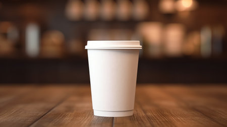 White paper coffee cup on the wooden table in the room, warm tone, mockup, generative aiの素材
