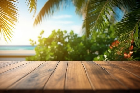 wooden table with summer tropical sea and  blue sky with clouds background, Generative AIの素材