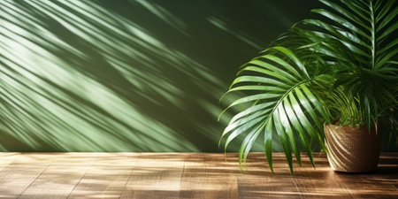 Tropical palm tree on the wooden floor with sunlight, Generative AIの素材