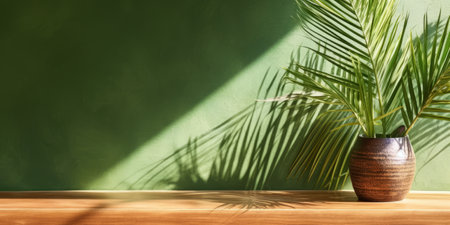 Tropical palm tree on the wooden floor with sunlight, Generative AIの素材