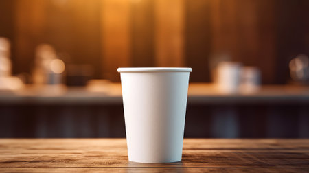 White paper coffee cup on the wooden table in the room, warm tone, mockup, generative aiの素材