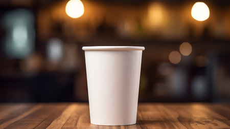 White paper coffee cup on the wooden table in the room, warm tone, mockup, generative aiの素材