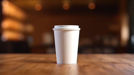 White paper coffee cup on the wooden table in the room, warm tone, mockup, generative aiの素材