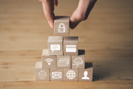 Data Security system concept, wooden blocks of security icon, innovation technology, cloud...