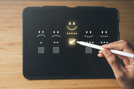 Business man point five stars survey rating icon for customer satisfaction scores. customer satisfaction concept.の写真素材