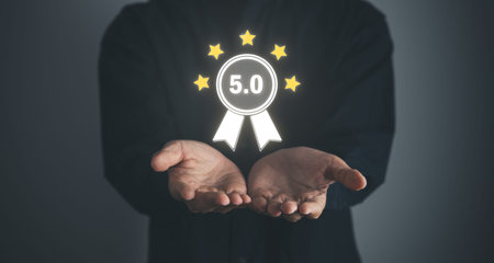 Businessman give the 5 star for best quality score, product warranty, ISO standard and quality...