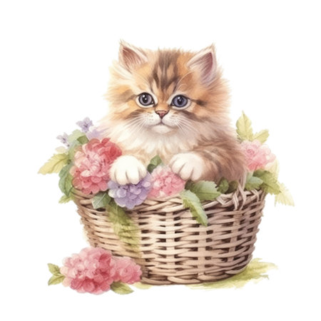 Watercolor painting of Cute Persian Kitten isolated white background, Digital art, PNG image file format, AI generated, Generative AIの素材