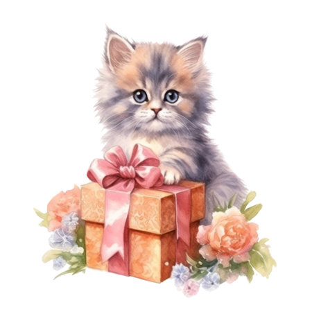 Watercolor painting of Cute Persian Kitten isolated white background, Digital art, PNG image file format, AI generated, Generative AIの素材