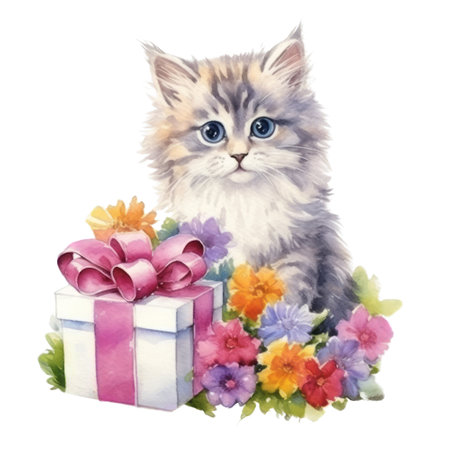 Watercolor painting of Cute Persian Kitten isolated white background, Digital art, PNG image file format, AI generated, Generative AIの素材