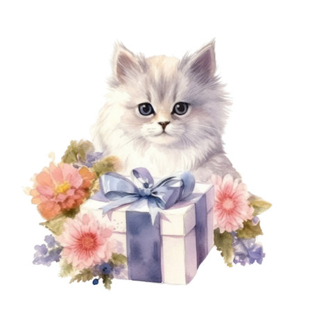 Watercolor painting of Cute Persian Kitten isolated white background, Digital art, PNG image file format, AI generated, Generative AIの素材