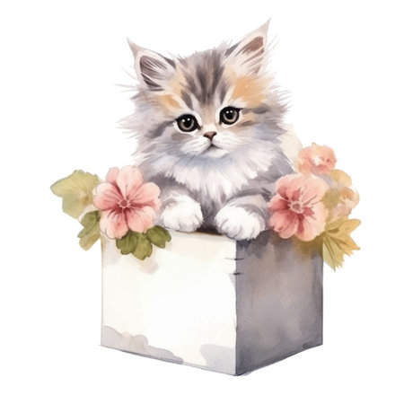 Watercolor painting of Cute Persian Kitten isolated white background, Digital art, PNG image file format, AI generated, Generative AIの素材