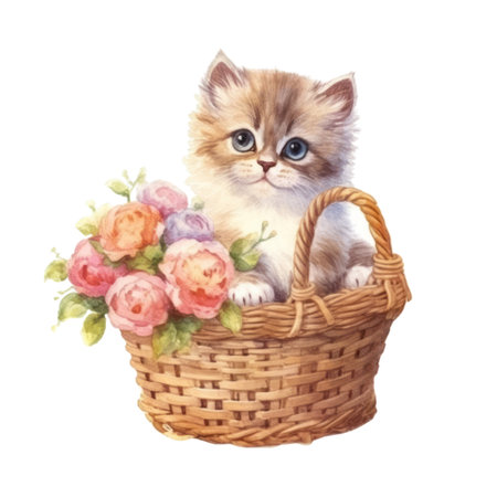 Watercolor painting of Cute Persian Kitten isolated white background, Digital art, PNG image file format, AI generated, Generative AIの素材
