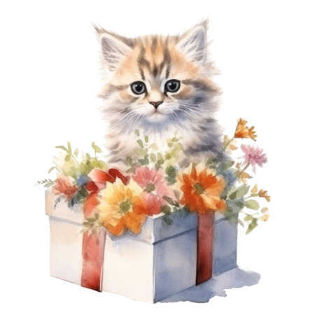 Watercolor painting of Cute Persian Kitten isolated white background, Digital art, PNG image file format, AI generated, Generative AIの素材