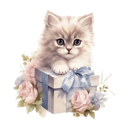 Watercolor painting of Cute Persian Kitten isolated white background, Digital art, PNG image file format, AI generated, Generative AIの素材