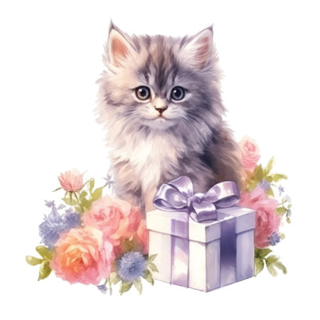 Watercolor painting of Cute Persian Kitten isolated white background, Digital art, PNG image file format, AI generated, Generative AIの素材