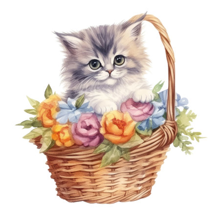 Watercolor painting of Cute Persian Kitten isolated white background, Digital art, PNG image file format, AI generated, Generative AIの素材