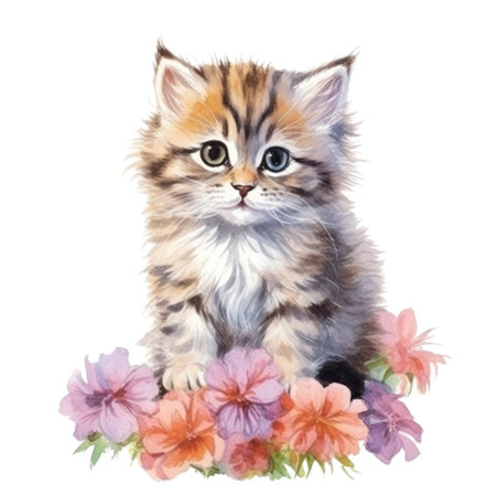 Watercolor painting of Cute Persian Kitten isolated white background, Digital art, PNG image file format, AI generated, Generative AIの素材