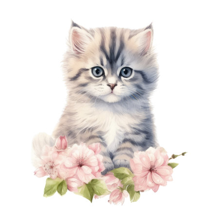 Watercolor painting of Cute Persian Kitten isolated white background, Digital art, PNG image file format, AI generated, Generative AIの素材
