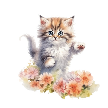 Watercolor painting of Cute Persian Kitten isolated white background, Digital art, PNG image file format, AI generated, Generative AIの素材