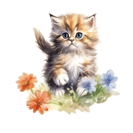 Watercolor painting of Cute Persian Kitten isolated white background, Digital art, PNG image file format, AI generated, Generative AIの素材