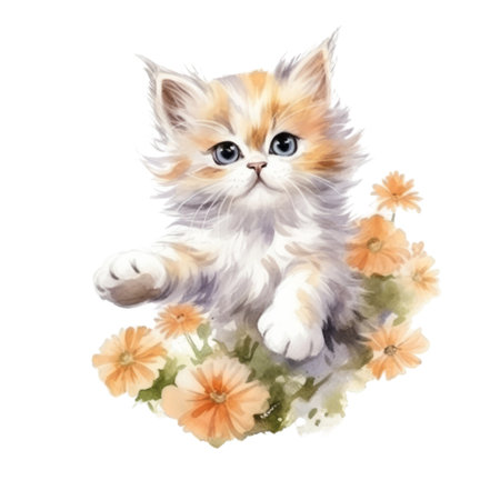 Watercolor painting of Cute Persian Kitten isolated white background, Digital art, PNG image file format, AI generated, Generative AIの素材
