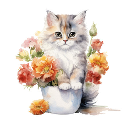 Watercolor painting of Cute Persian Kitten isolated white background, Digital art, PNG image file format, AI generated, Generative AIの素材