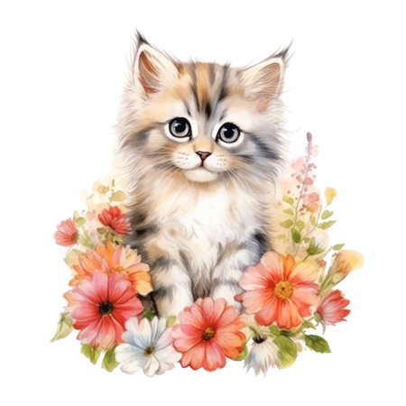 Watercolor painting of Cute Persian Kitten isolated white background, Digital art, PNG image file format, AI generated, Generative AIの素材
