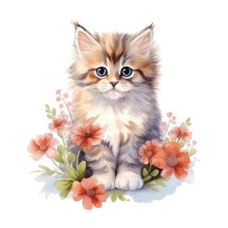 Watercolor painting of Cute Persian Kitten isolated white background, Digital art, PNG image file format, AI generated, Generative AIの素材
