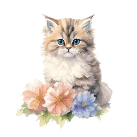 Watercolor painting of Cute Persian Kitten isolated white background, Digital art, PNG image file format, AI generated, Generative AIの素材