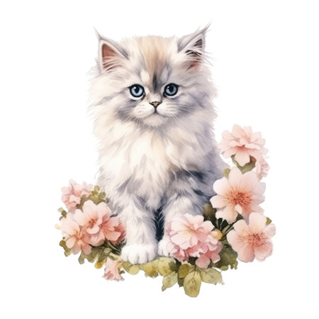 Watercolor painting of Cute Persian Kitten isolated white background, Digital art, PNG image file format, AI generated, Generative AIの素材