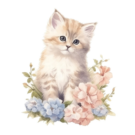 Watercolor painting of Cute Persian Kitten isolated white background, Digital art, PNG image file format, AI generated, Generative AIの素材