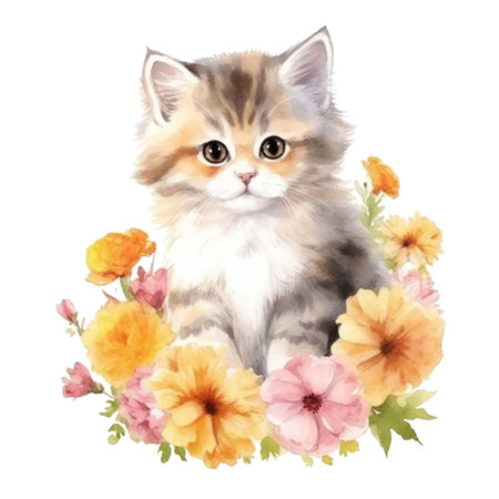 Watercolor painting of Cute Persian Kitten isolated white background, Digital art, PNG image file format, AI generated, Generative AIの素材