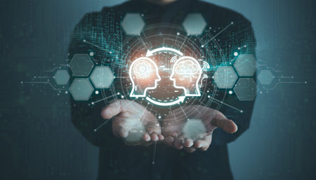 Digital information technology concept. Businessman touching AI artificial intelligence screen.