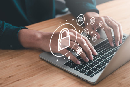 Data Security system concept, Business man use laptop with security icon screen, innovation...