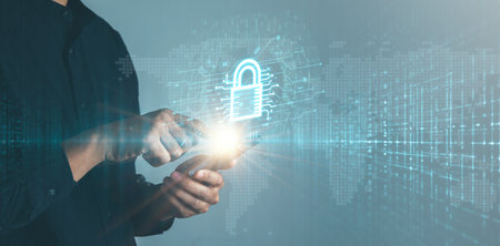 Data Security system concept, Business man use mobile phone with security icon screen, innovation technology, cloud computing, internet network communicationの写真素材