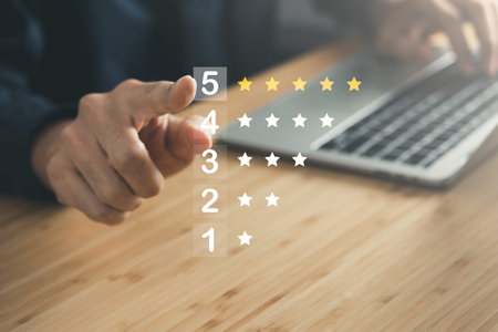 Business man point five stars survey rating icon for customer satisfaction scores. customer...