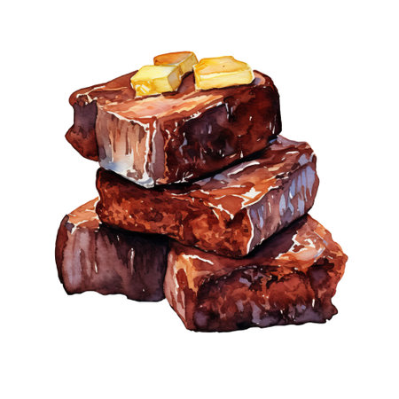 Watercolor painting of stack brownie with almond clip art. Bakery dessert.white background.AI generated, Generative AI.の素材