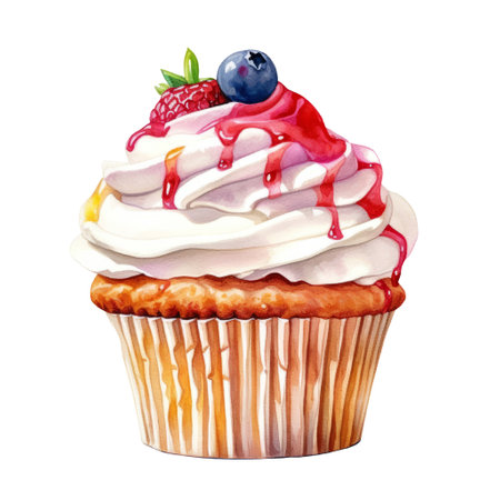 Watercolor painting of cupcake clip art. Bakery dessert.white background.AI generated, Generative AI.の素材