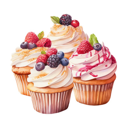 Watercolor painting of cupcake clip art. Bakery dessert.white background.AI generated, Generative AI.の素材