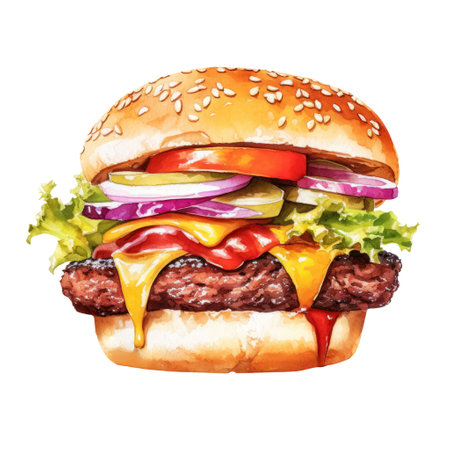 Watercolor painting of Hamburger clip art. fastfood.white  background.AI generated, Generative AI.の素材