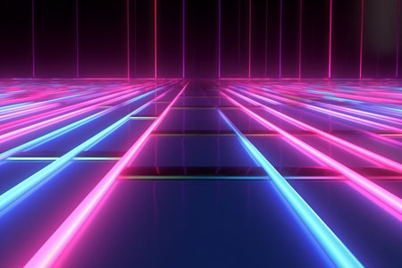 Abstract futuristic neon lines background, blue and pink color. Cyber space and data transfer concept.AI generated, Generative AIの素材
