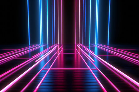 Abstract futuristic neon lines background, blue and pink color. Cyber space and data transfer concept.AI generated, Generative AIの素材