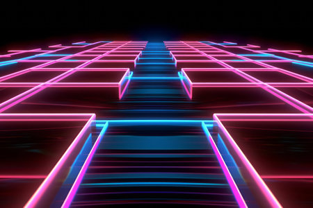 Abstract futuristic neon lines background, blue and pink color. Cyber space and data transfer concept.AI generated, Generative AIの素材