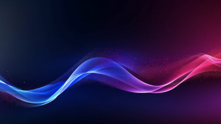 Abstract of Wave line smooth flowing dynamic neon gradient lighting isolate on black background. technology, data comunication and science concept.AI generated, Generative AI.の素材