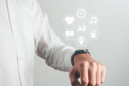 Man excercise and using smartwatch to monitoring and tracking health and heart rate by applications....