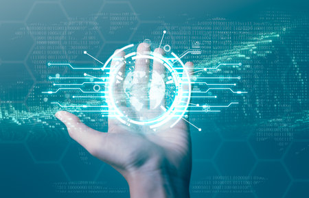 Businessman holding virtual earth hologram. Digital information technology concept. Social network, Digital marketing, Network transmission, Computer science and financial, artificial intelligence.の写真素材