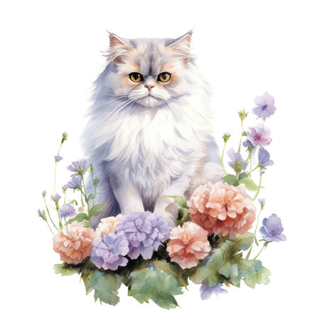 Persian cat with flower isolated transparent background, Watercolor painting of Cute animal, PNG image file format, AI generated, Generative AIの素材
