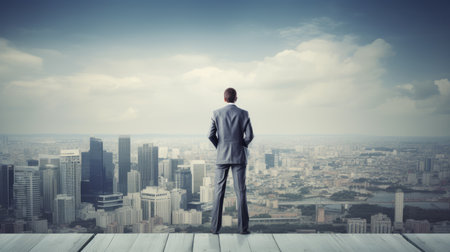 Businessman standing on the top of building with city background.Business goal and vision concept.Generative AI. AI generatived.の素材