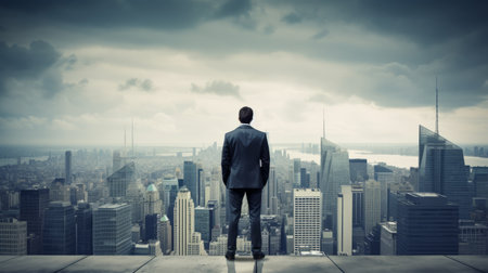 Businessman standing on the top of building with city background.Business goal and vision concept.Generative AI. AI generatived.の素材